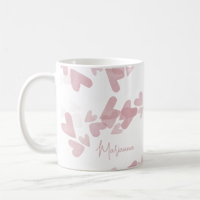 Watercolor Heart Stamps Pink Script Name Coffee Mug (Left)