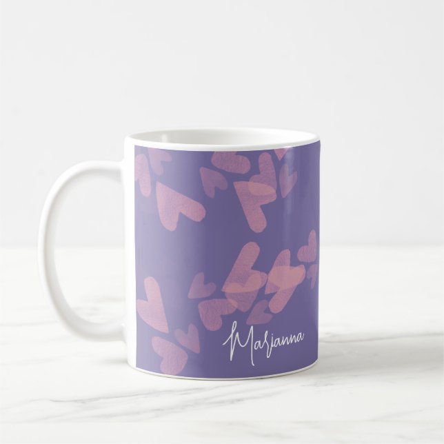 Watercolor Heart Stamps Pink Script Name Purple Coffee Mug (Left)