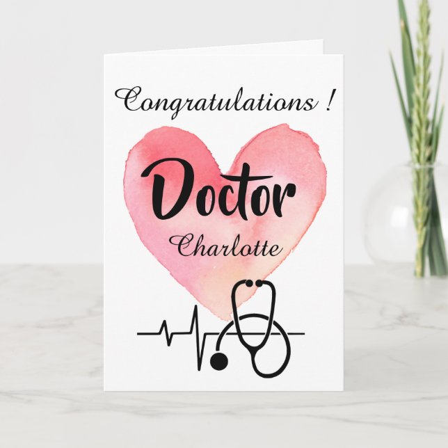  Watercolor Heart & Stethoscope Doctor Graduation Card (Front)