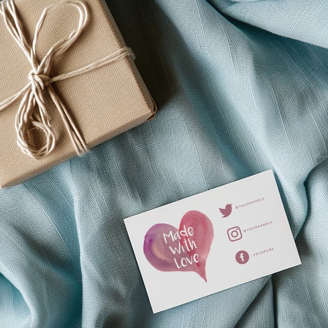 Watercolor heart thank you Social Links Enclosure Card (White insert card saying "made with love" on a watercolor heart and social media icons)
