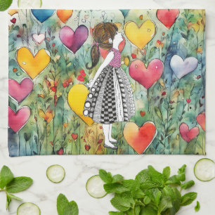 Watercolor Hearts and a Little Girl 1/2 Fold Tea Towel
