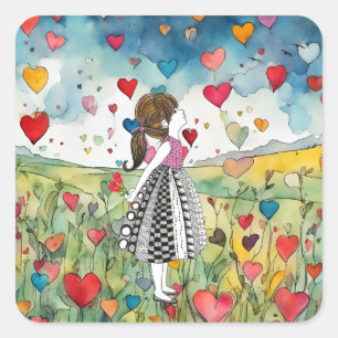 Watercolor Hearts and a Little Girl Square Sticker