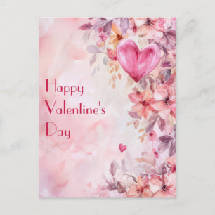 Watercolor Hearts and Flowers Valentine's Greeting Postcard