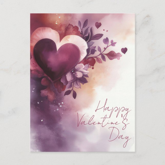 Watercolor Hearts and Flowers Valentine's Greeting Postcard (Front)