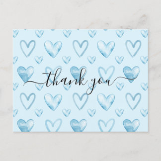 Watercolor Hearts Baby Blue Baby Shower Thank You Postcard