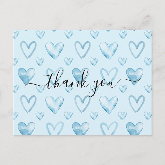 Watercolor Hearts Baby Blue Baby Shower Thank You Postcard (Front)