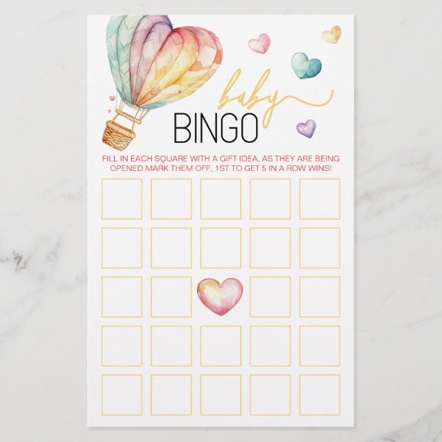 Watercolor Hearts Baby Shower Bingo Game (Front)