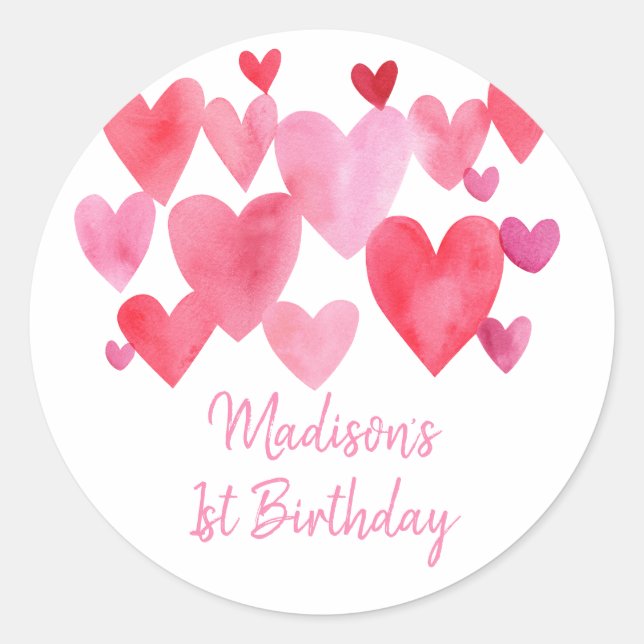Watercolor Hearts Birthday Classic Round Sticker (Front)