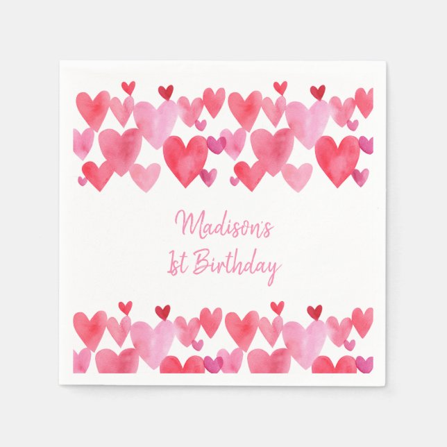 Watercolor Hearts Birthday Napkin (Front)