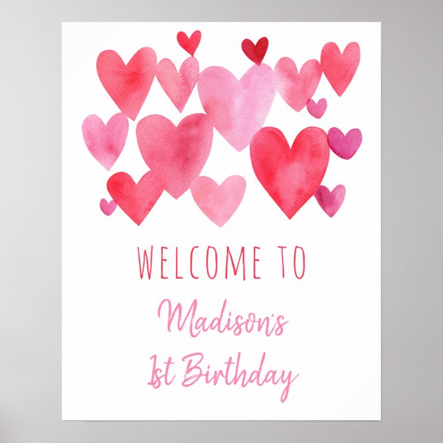Watercolor Hearts Birthday Poster (Front)