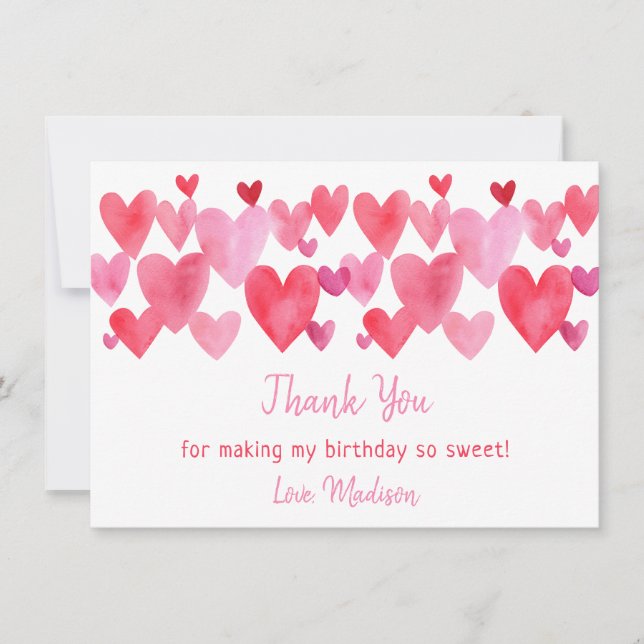 Watercolor Hearts Birthday Thank You Card (Front)