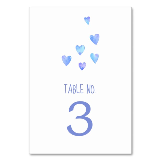Watercolor Hearts | Blue Text Boy Baby Shower Table Number (Front)