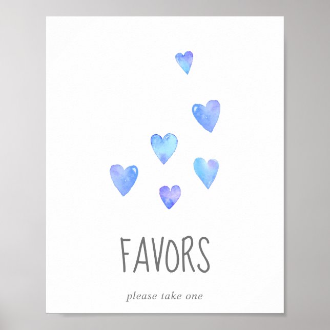 Watercolor Hearts Boy Baby Shower Favours Sign (Front)