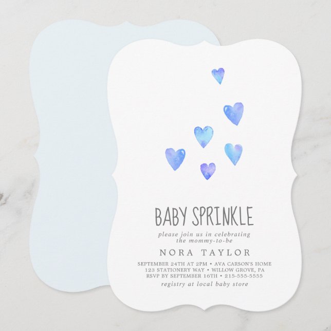 Watercolor Hearts Boy Baby Sprinkle Invitation (Front/Back)