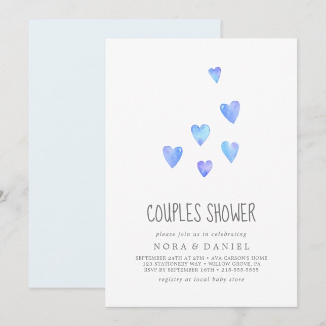 Watercolor Hearts Boy Couples Shower Invitation (Front/Back)