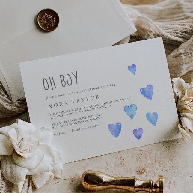 Watercolor Hearts Boy Horizontal Oh Baby Shower Invitation (Creator Uploaded)