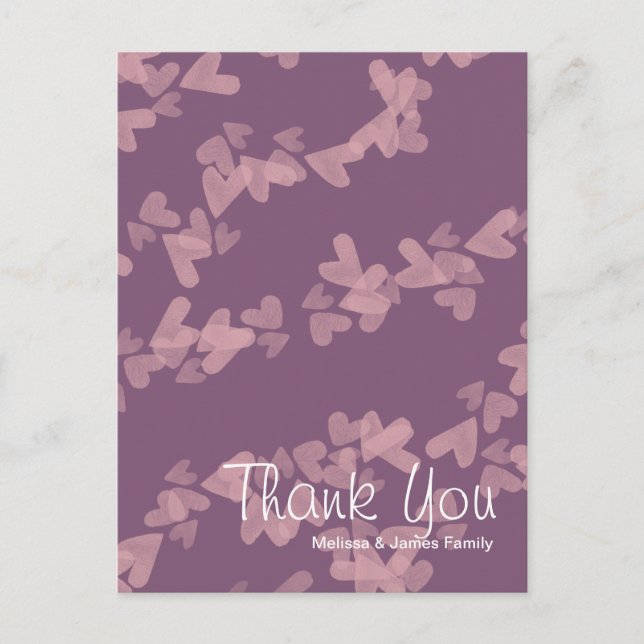 Watercolor Hearts Floating Pink Mauve Thank You Postcard (Front)