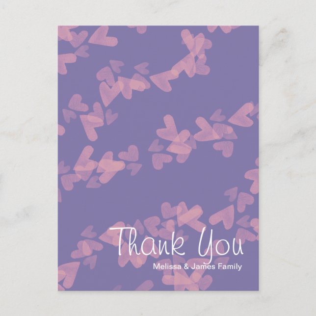 Watercolor Hearts Floating Pink Purple Thank You  Postcard (Front)