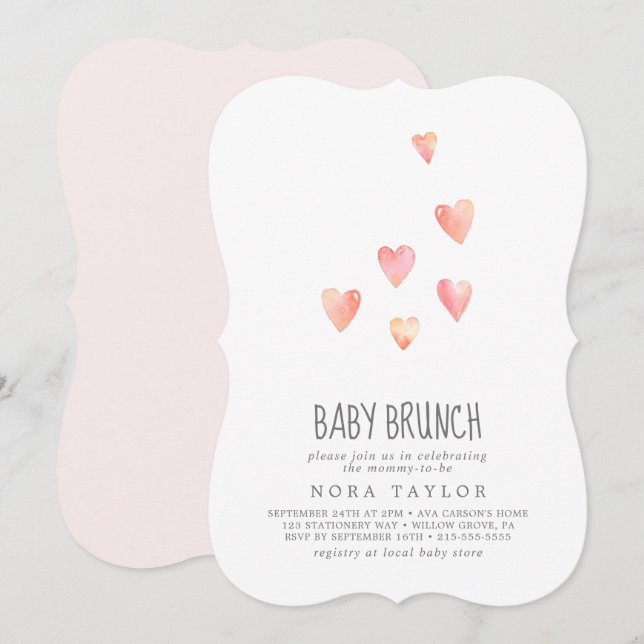 Watercolor Hearts Girl Baby Brunch Invitation (Front/Back)