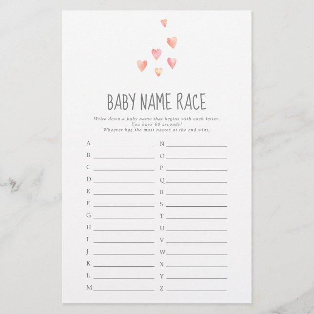 Watercolor Hearts Girl Baby Name Race Game (Front)