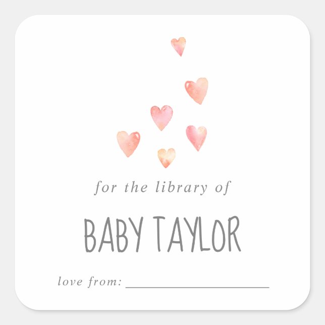 Watercolor Hearts Girl Baby Shower Bookplate Square Sticker (Front)