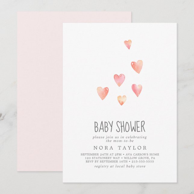 Watercolor Hearts Girl Baby Shower Invitation (Front/Back)
