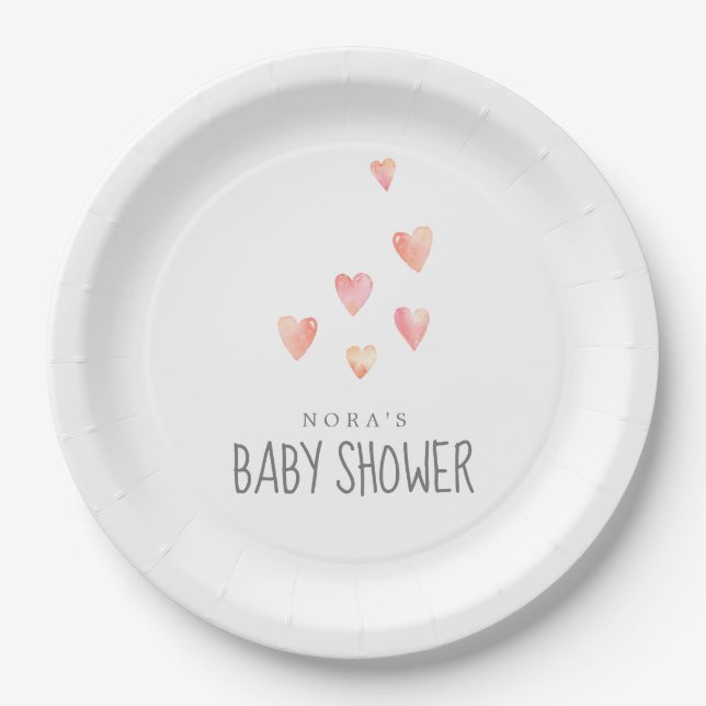 Watercolor Hearts Girl Baby Shower Paper Plate (Front)