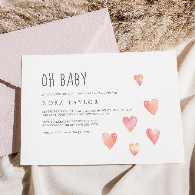 Watercolor Hearts Girl Horizontal Oh Baby Shower Invitation (Creator Uploaded)