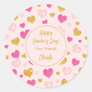 Watercolor Hearts Happy Valentines Day Soft Pink Classic Round Sticker