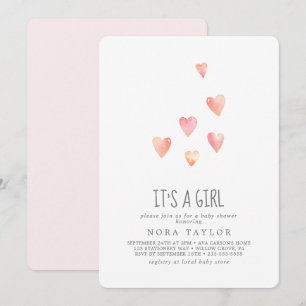 Watercolor Hearts It's A Girl Baby Shower Invitation