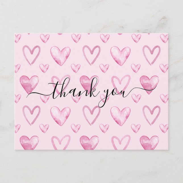 Watercolor Hearts Light Pink Baby Shower Thank You Postcard (Front)
