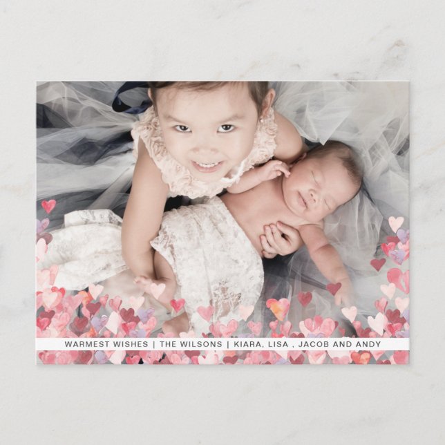 Watercolor Hearts Love Cute Photo Valentines Day Postcard (Front)