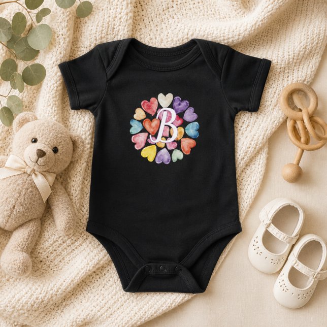 Watercolor Hearts Monogram  Baby Bodysuit (Creator Uploaded)