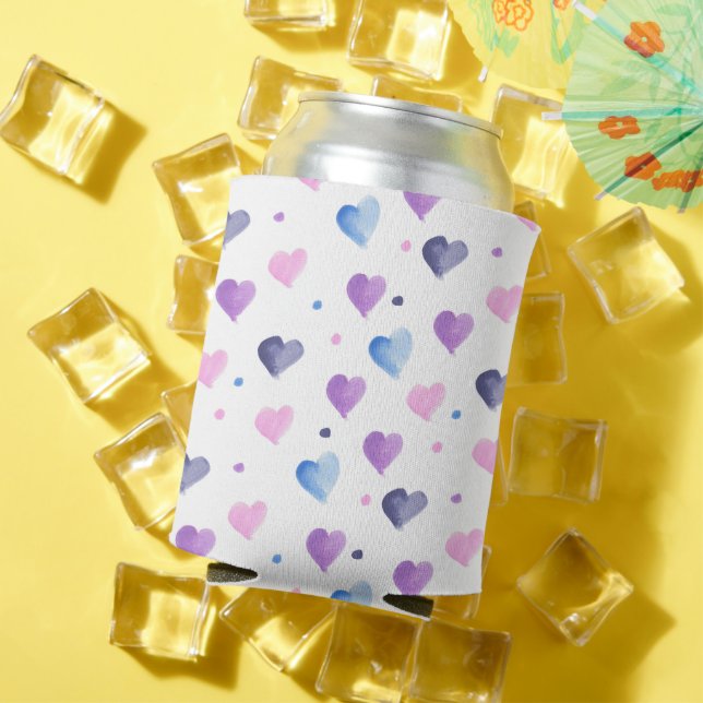 Watercolor Hearts Pattern Blue Pink Purple Can Cooler (In Situ Summer)