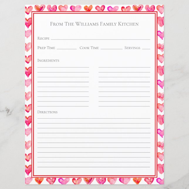 Watercolor Hearts Pink White Recipe Paper Sheet (Front)