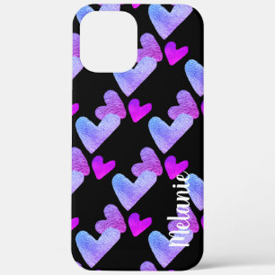 Watercolor Hearts Purple  Pink Bold Monogrammed iPhone 12 Pro Max Case