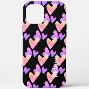 Watercolor Hearts Purple  Pink Bold Monogrammed  iPhone 12 Pro Max Case