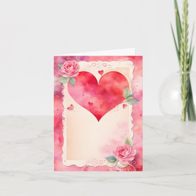 Watercolor Hearts Roses and Lace Valentine Holiday Card (Front)