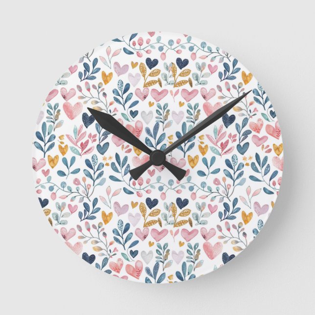 Watercolor hearts round clock (Front)