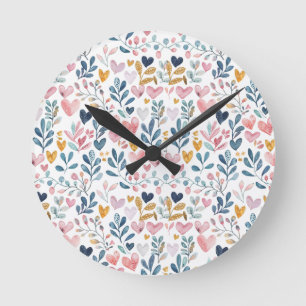Watercolor hearts round clock