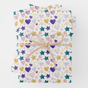 Watercolor Hearts & Shimmering Stars Wrapping Paper Sheet