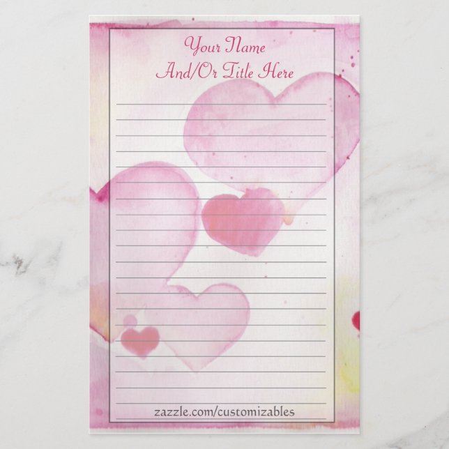 Watercolor Hearts Stationery (Front)