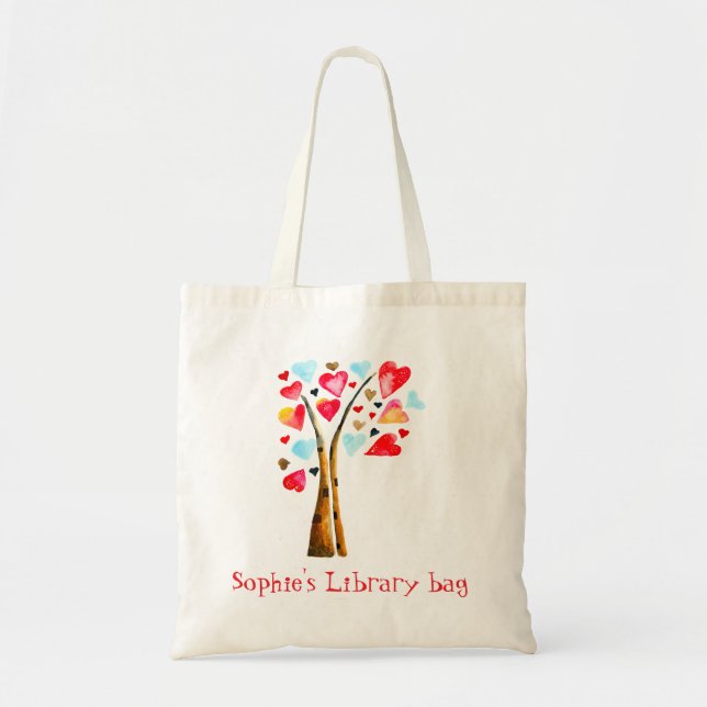 Watercolor hearts tree library name tote bag (Front)