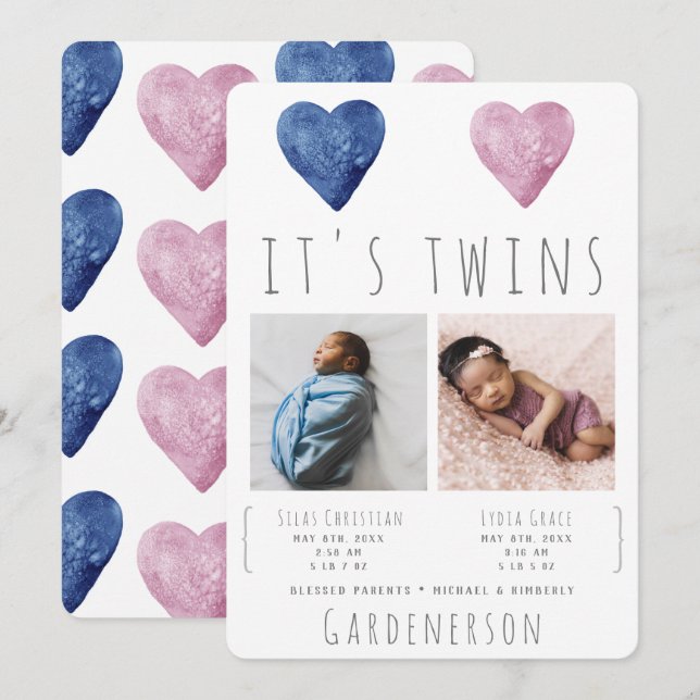 Watercolor Hearts Twins Announcement (Front/Back)
