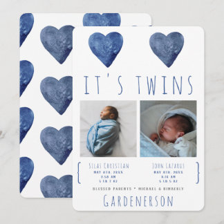 Watercolor Hearts Twins Boys Announcement
