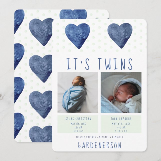 Watercolor Hearts Twins Boys Announcement (Front/Back)