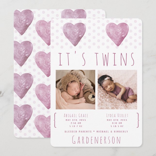 Watercolor Hearts Twins Girl Announcement (Front/Back)
