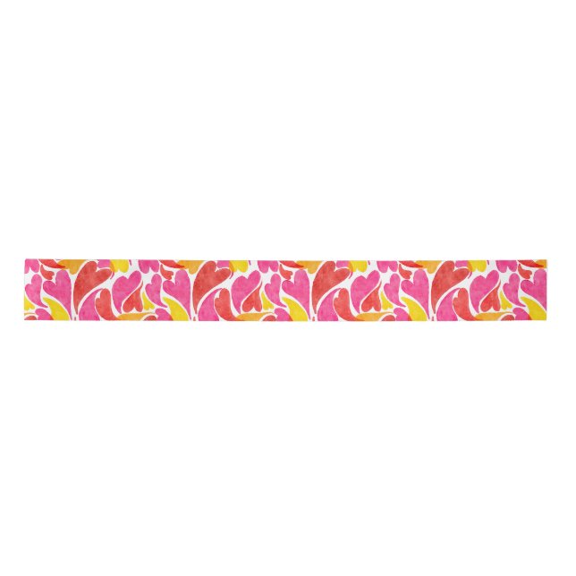 Watercolor Hearts Valentines Love Pink Red Yellow Satin Ribbon (Front)
