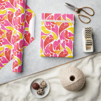 Watercolor Hearts Valentines Love Pink Red Yellow Wrapping Paper