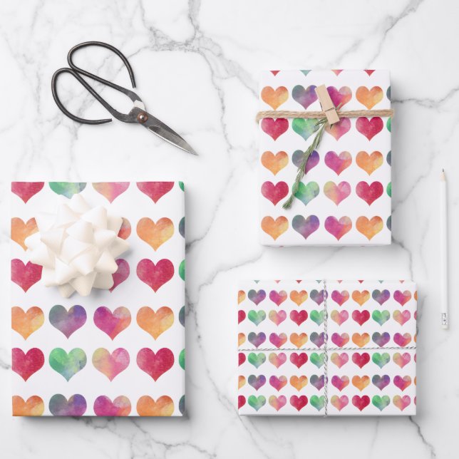 Watercolor Hearts Valentine's Wrapping Paper (Front)